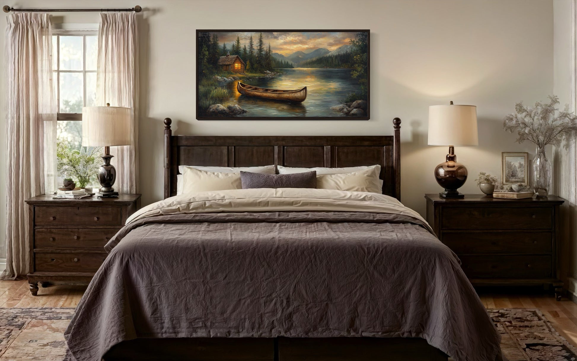 Lake House And Rustic Wooden Canoe Canvas Wall Art for Lake House Decor