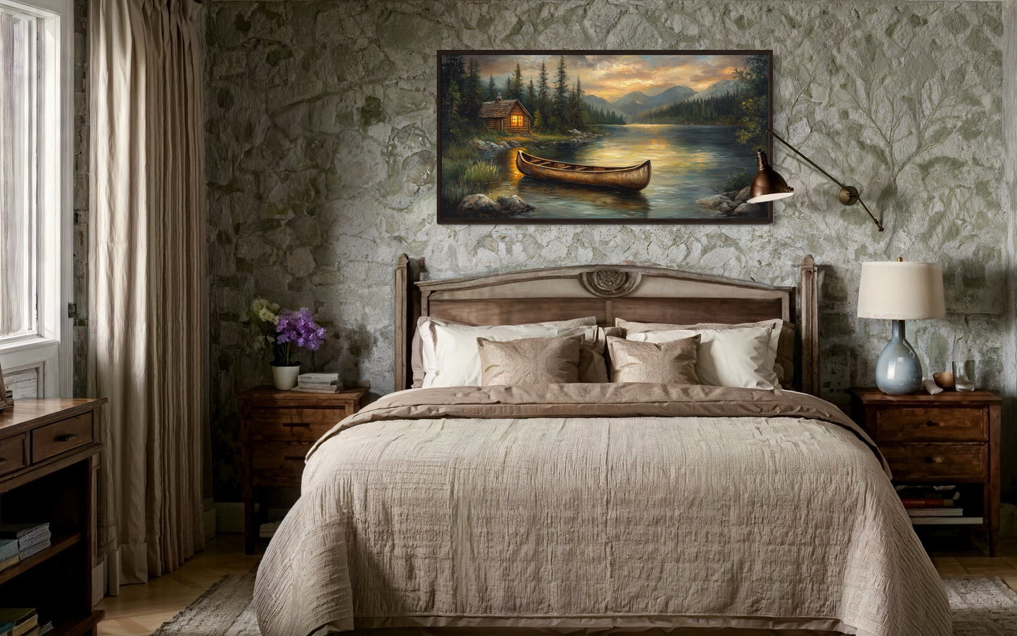 Lake House And Rustic Wooden Canoe Canvas Wall Art for Lake House Decor