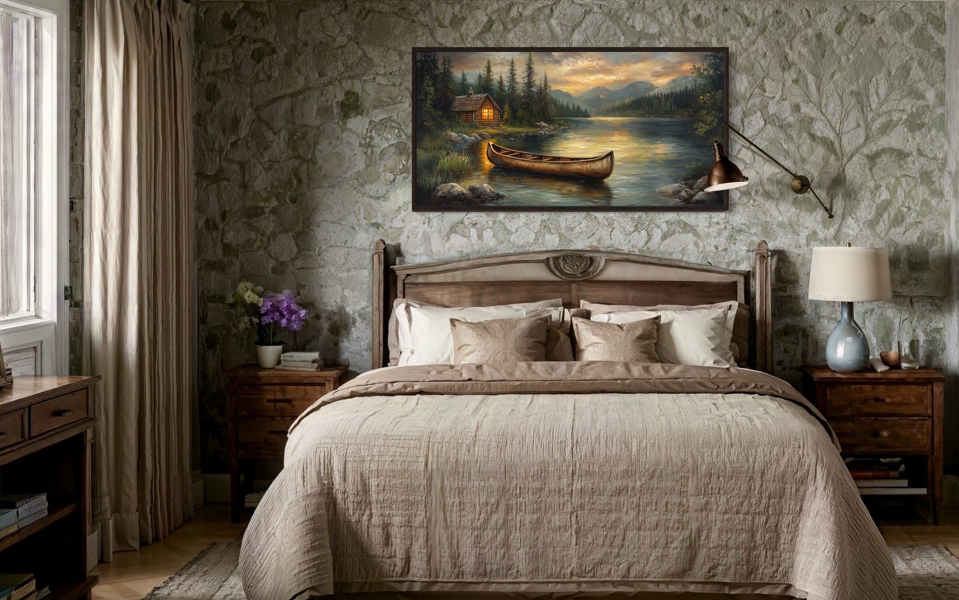 Lake House And Rustic Wooden Canoe Canvas Wall Art for Lake House Decor