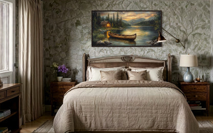 Lake House And Rustic Wooden Canoe Canvas Wall Art for Lake House Decor