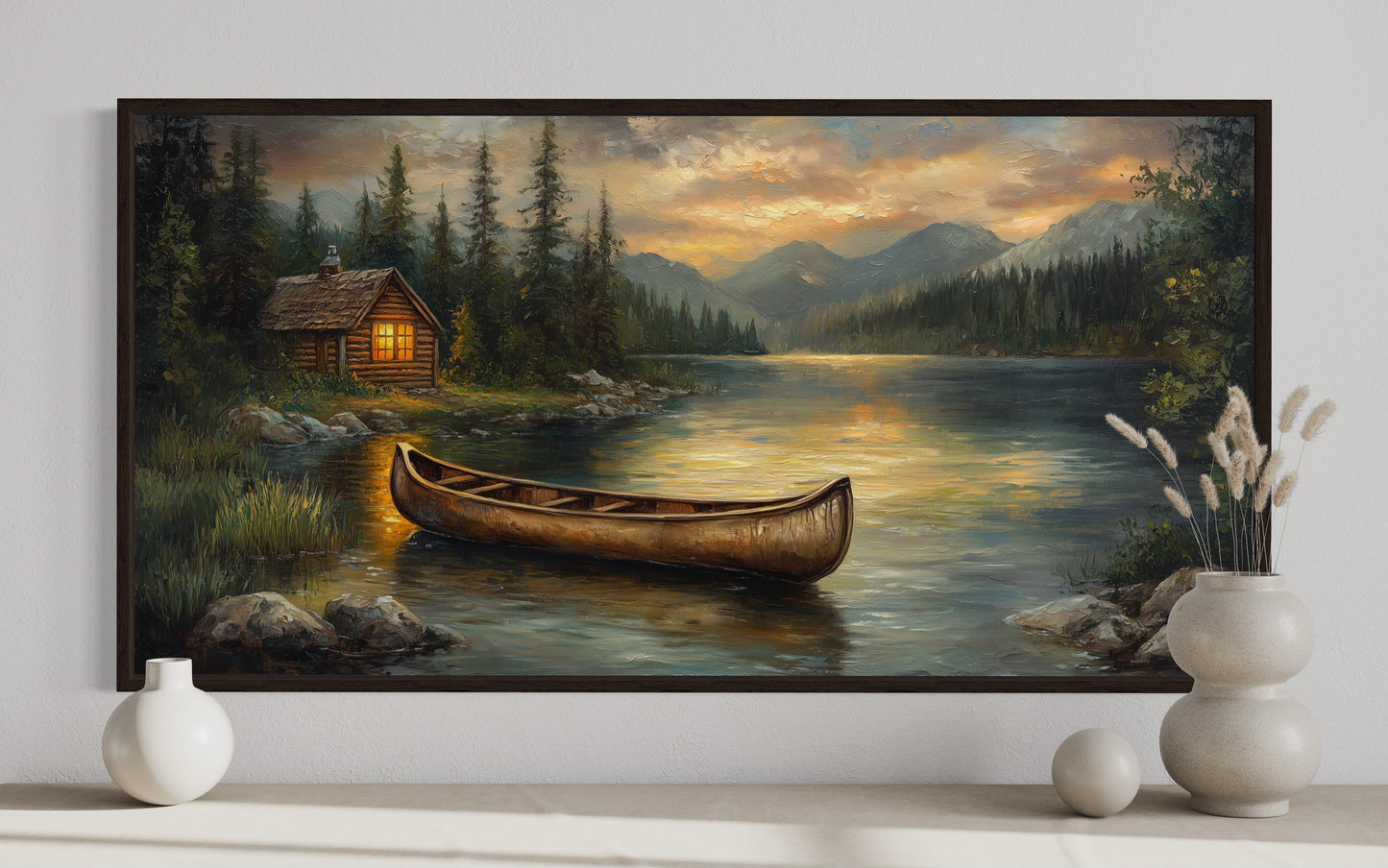 Lake House And Rustic Wooden Canoe Canvas Wall Art for Lake House Decor