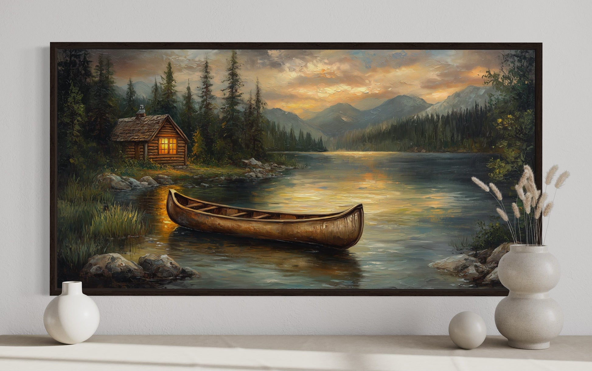 Lake House And Rustic Wooden Canoe Canvas Wall Art for Lake House Decor