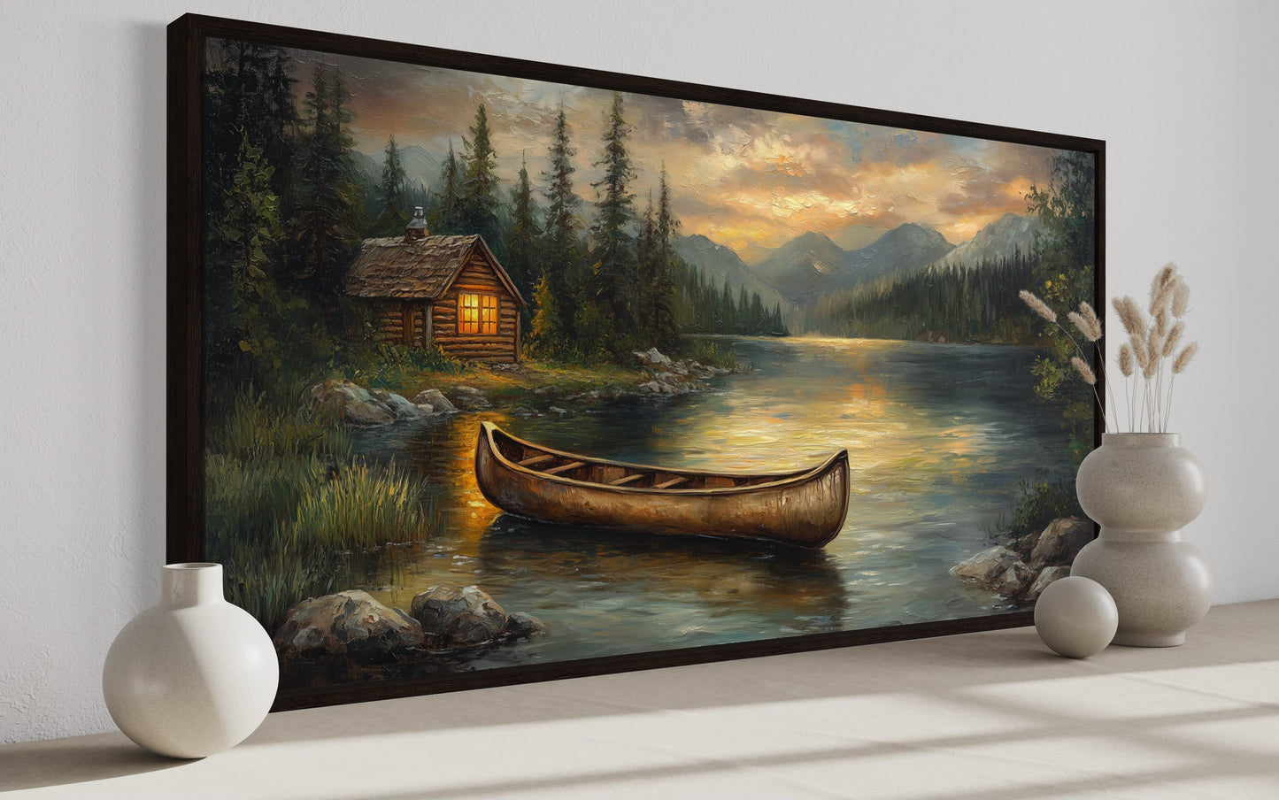 Lake House And Rustic Wooden Canoe Canvas Wall Art for Lake House Decor