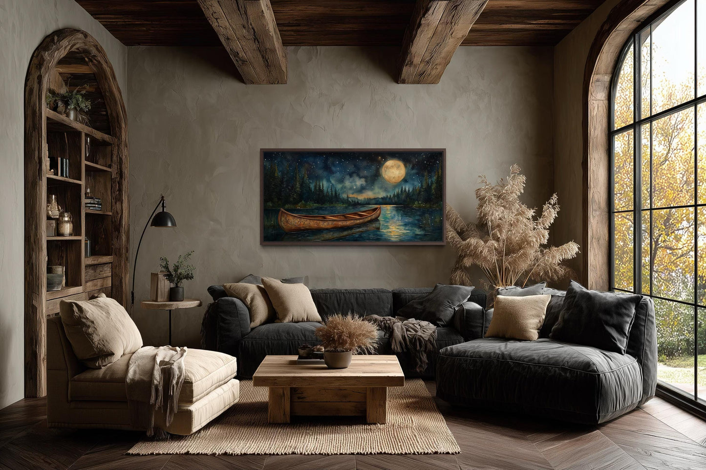Canoe on Moonlit Lake And Forest Night Scene Canvas Wall Art For Cabin Decor