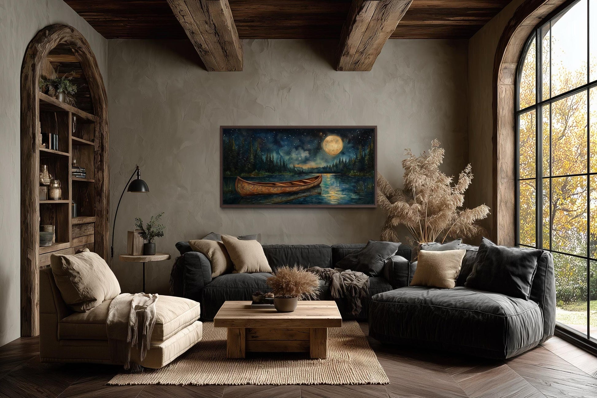 Canoe on Moonlit Lake And Forest Night Scene Canvas Wall Art For Cabin Decor