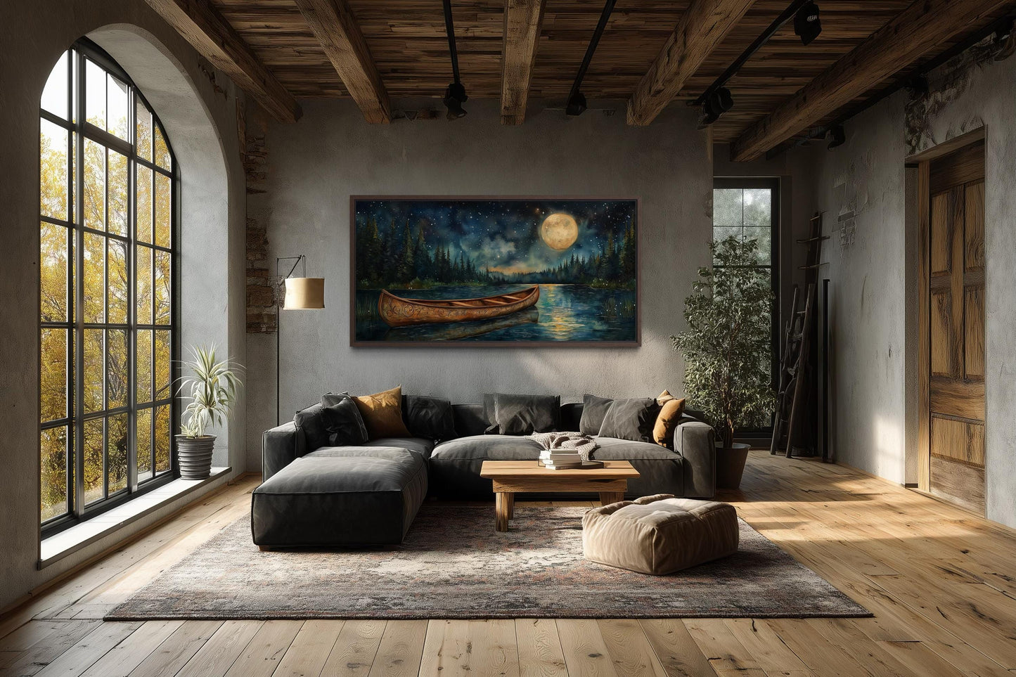 Canoe on Moonlit Lake And Forest Night Scene Canvas Wall Art For Cabin Decor
