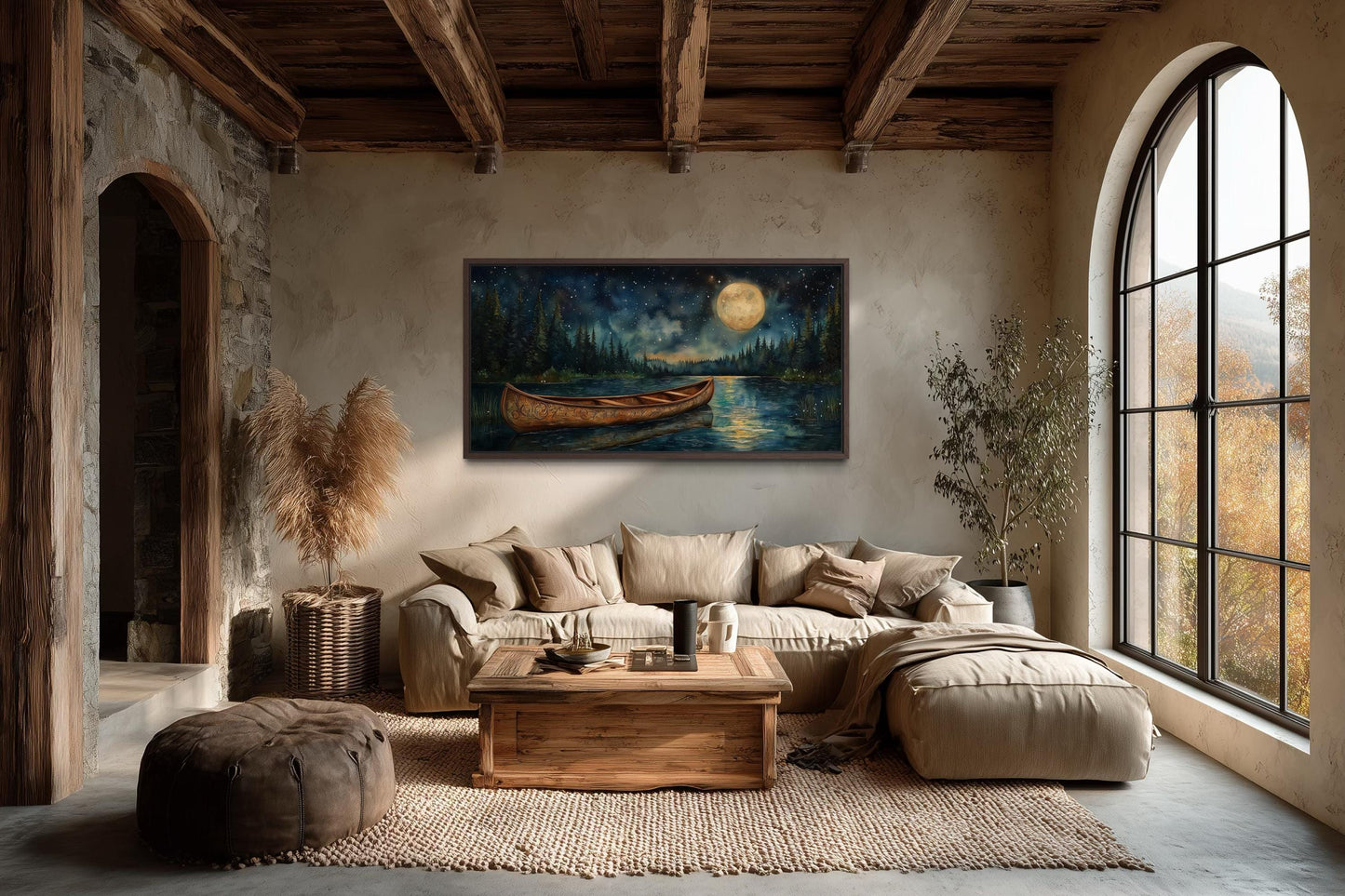 Canoe on Moonlit Lake And Forest Night Scene Canvas Wall Art For Cabin Decor