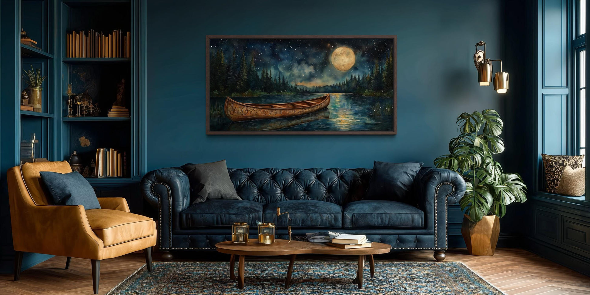 Canoe on Moonlit Lake And Forest Night Scene Canvas Wall Art For Cabin Decor