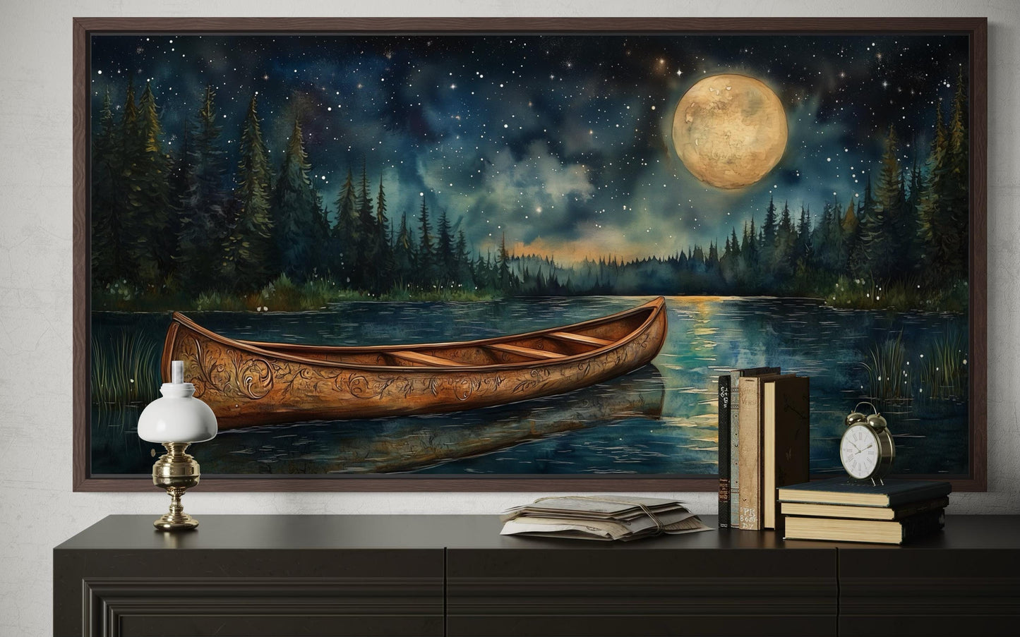 Canoe on Moonlit Lake And Forest Night Scene Canvas Wall Art For Cabin Decor
