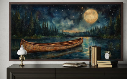 Canoe on Moonlit Lake And Forest Night Scene Canvas Wall Art For Cabin Decor