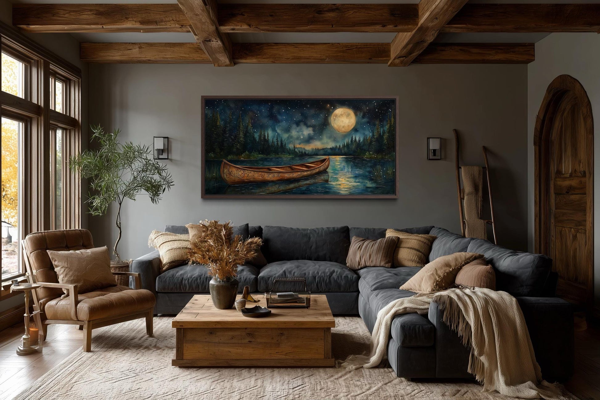 Canoe on Moonlit Lake And Forest Night Scene Canvas Wall Art For Cabin Decor