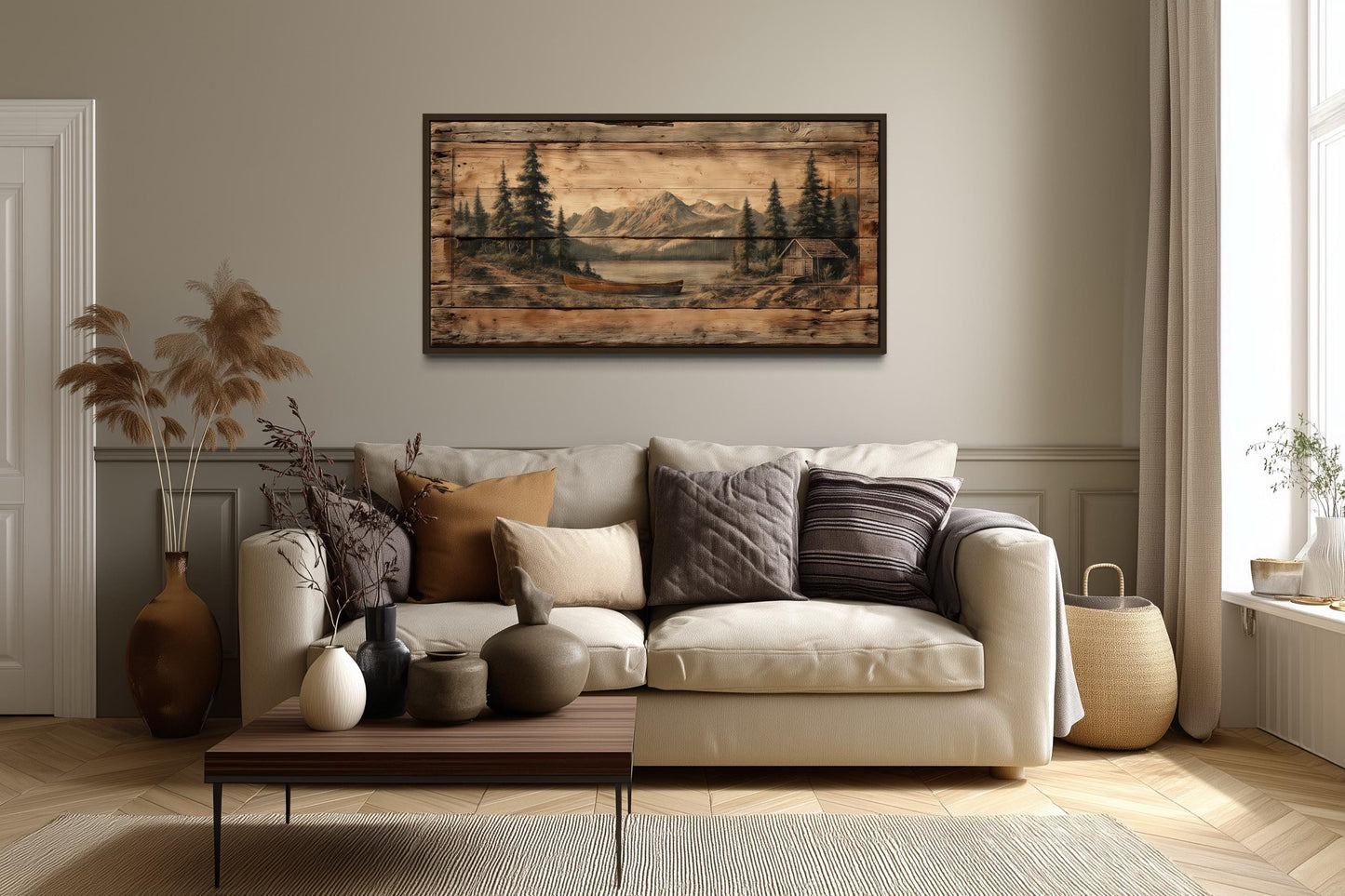 Canoe on Mountain Lake Canvas Wall Art