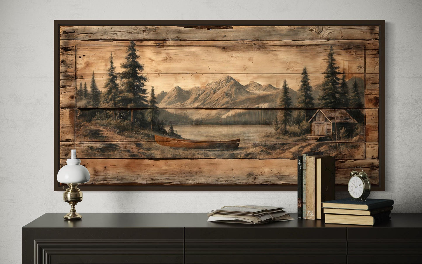 Canoe on Mountain Lake Canvas Wall Art