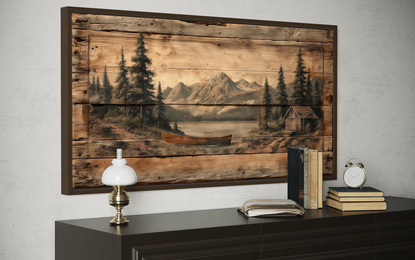 Canoe on Mountain Lake Canvas Wall Art