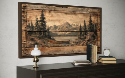 Canoe on Mountain Lake Canvas Wall Art