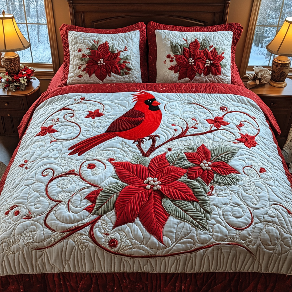 Cardinal Poinsettia Delight Quilted Bedding Set - Single (59" x 70")