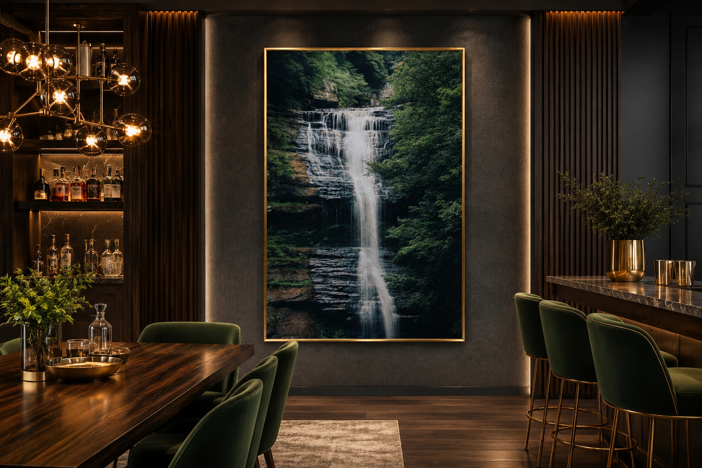 Sage Green Forest Waterfall Nature Landscape Wall Art