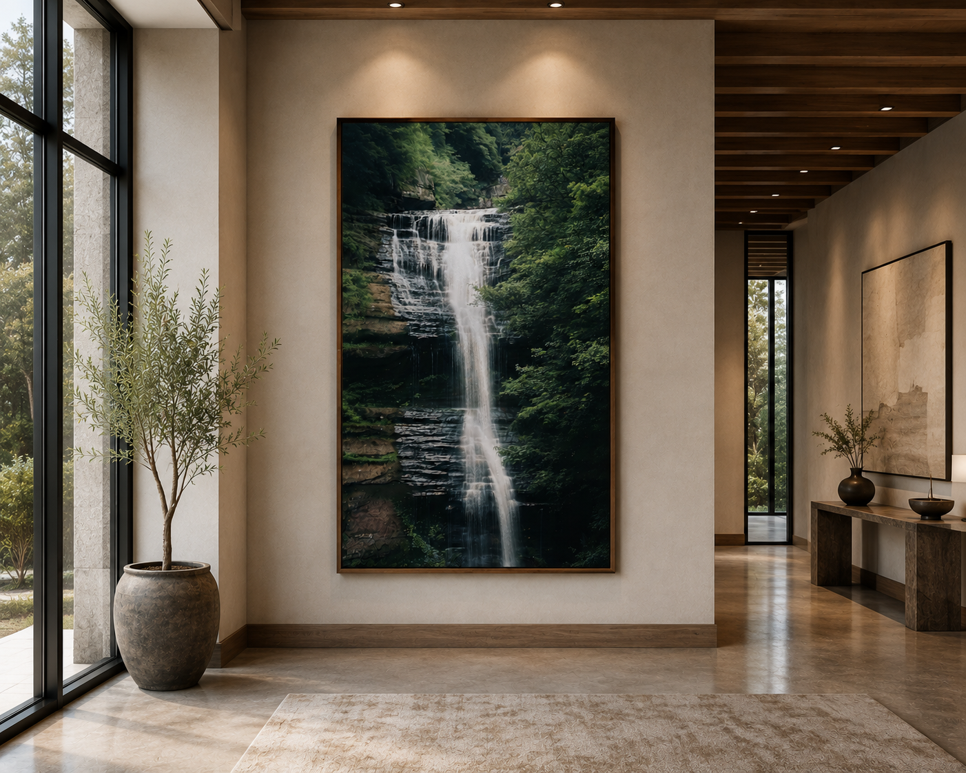 Sage Green Forest Waterfall Nature Landscape Wall Art