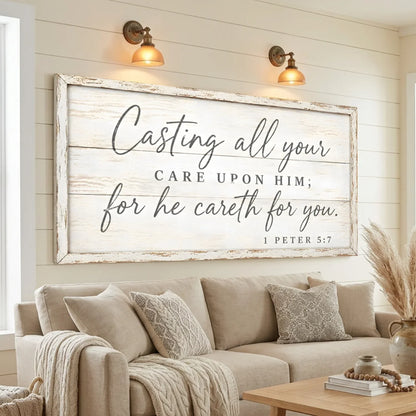 Living room with a large framed quote on the wall above a sofa. Casting All Your Care - 1 Peter 5:7
