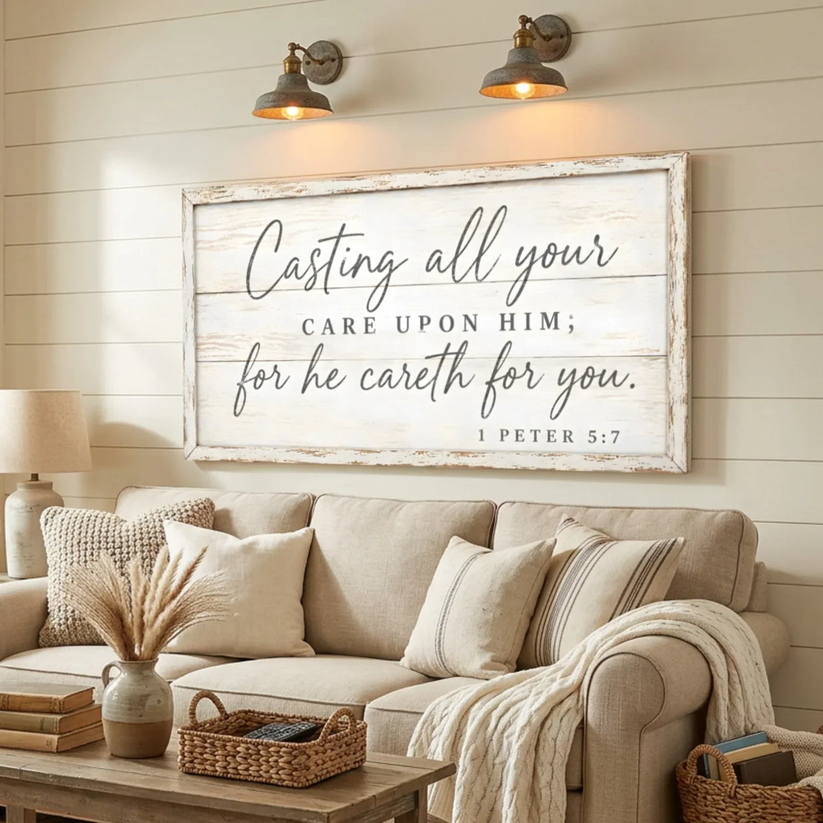 Living room with a beige sofa, decorative pillows, and a large framed quote on the wall. Casting All Your Care - 1 Peter 5:7