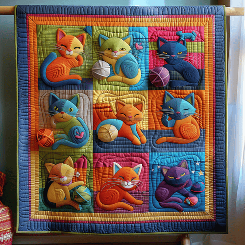 Cat Yarn Fiesta Quilted Blanket - Throw (55" x 60")