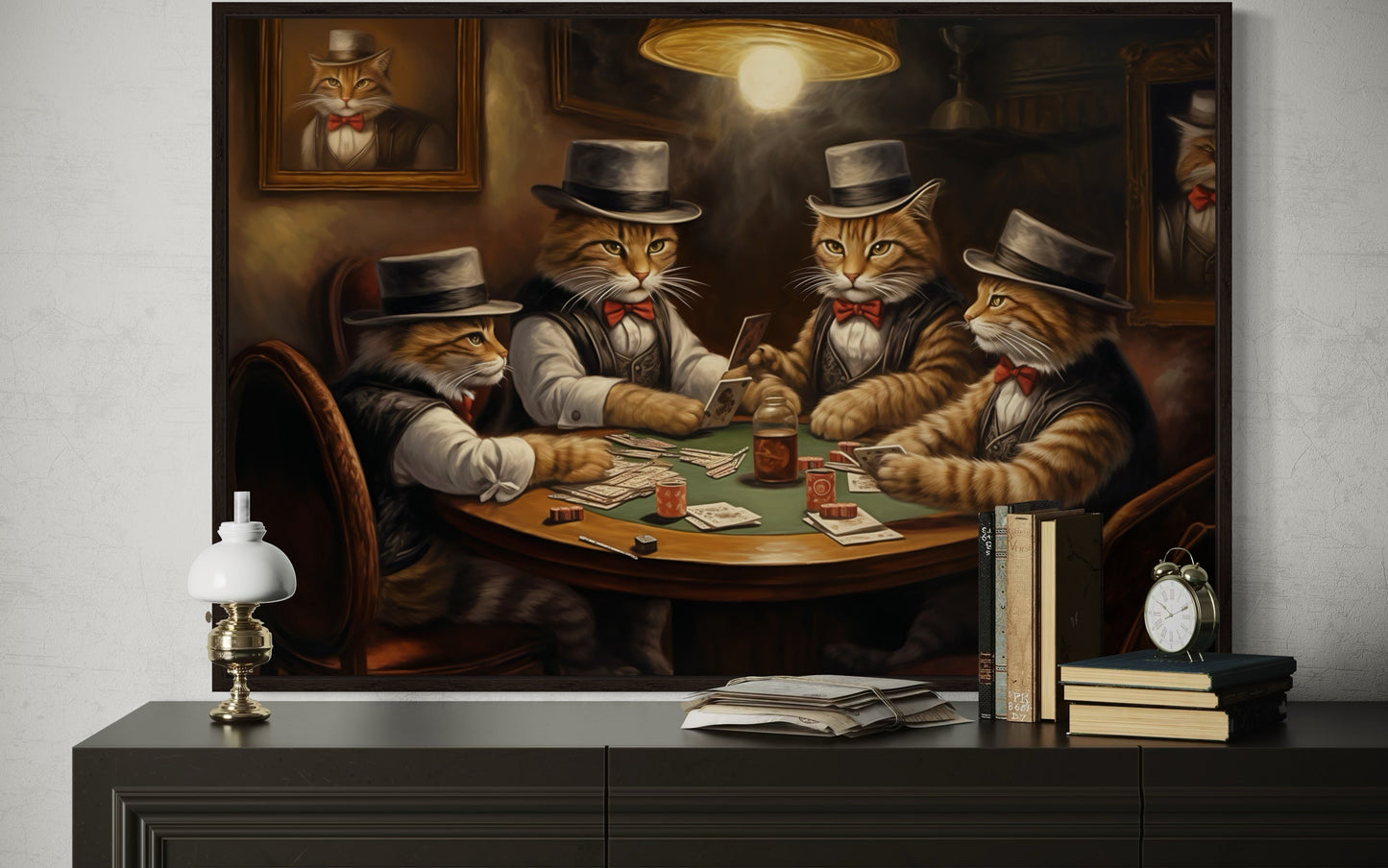 Cats Playing Poker Framed Game Room Canvas Wall Art