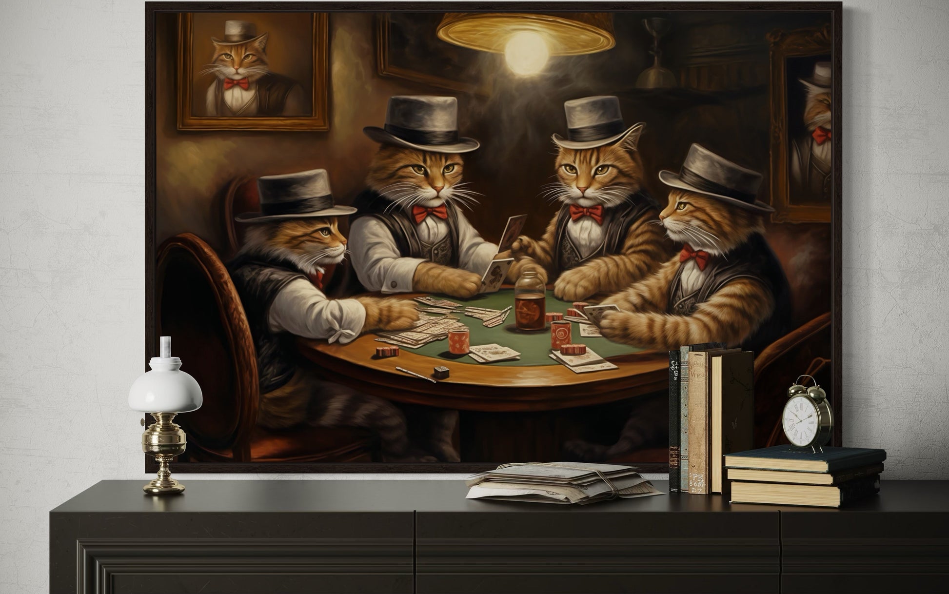 Cats Playing Poker Framed Game Room Canvas Wall Art