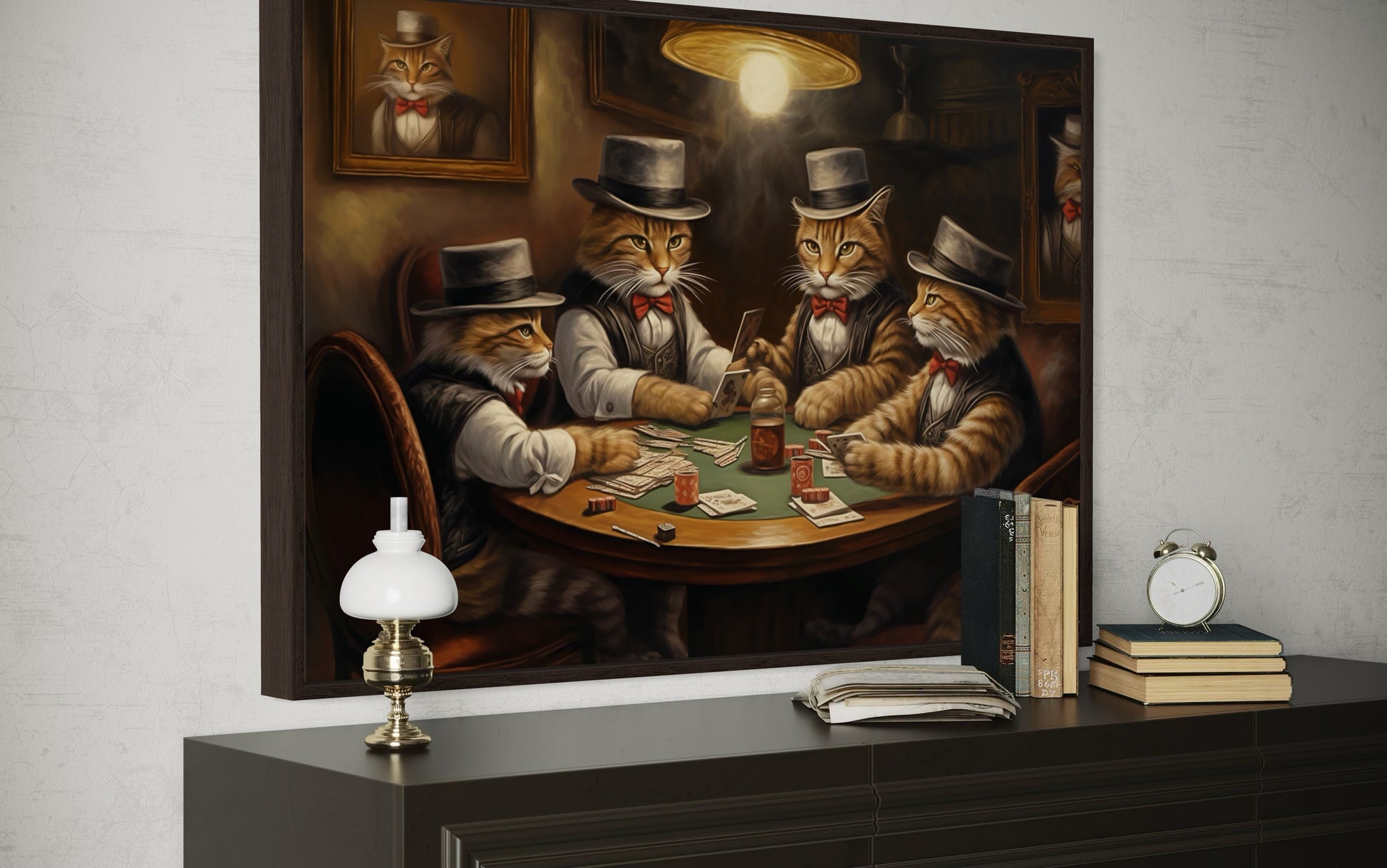 Cats Playing Poker Framed Game Room Canvas Wall Art
