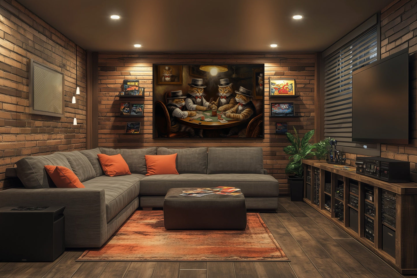 Cats Playing Poker Framed Game Room Canvas Wall Art