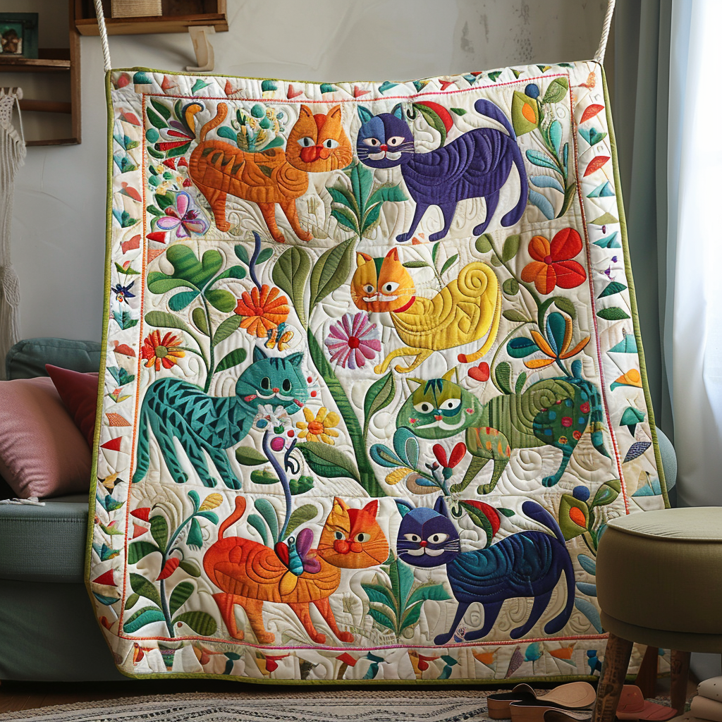 Cats In The Garden Quilted Blanket - Throw (55" x 60")