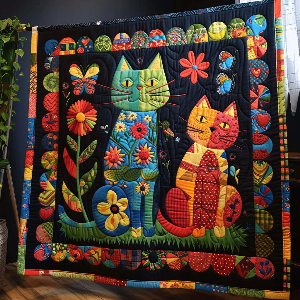 Cats and Flowers Quilted Blanket - Throw (55" x 60")