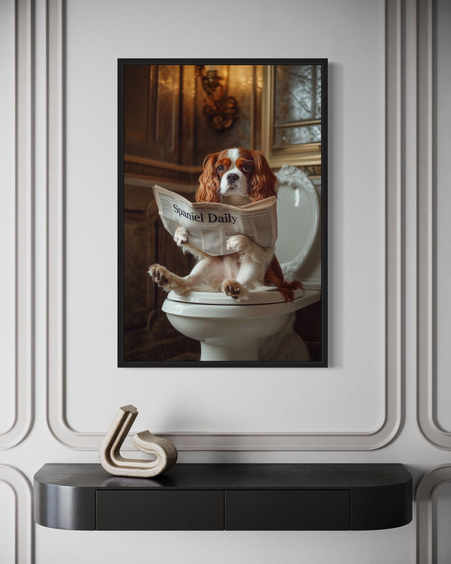 Cavalier King Charles Spaniel On The Toilet Reading Newspaper Picture Canvas Wall Art