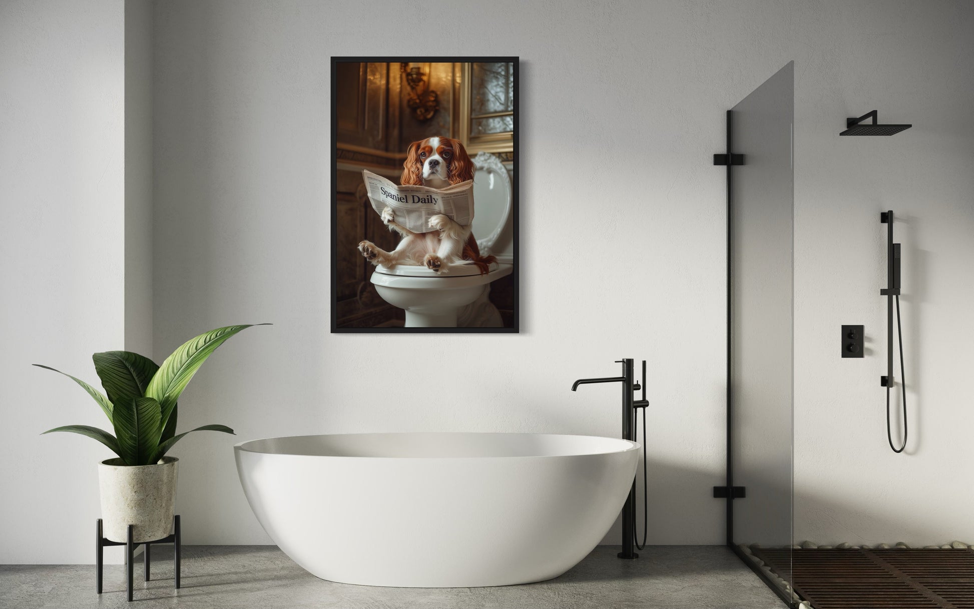 Cavalier King Charles Spaniel On The Toilet Reading Newspaper Picture Canvas Wall Art