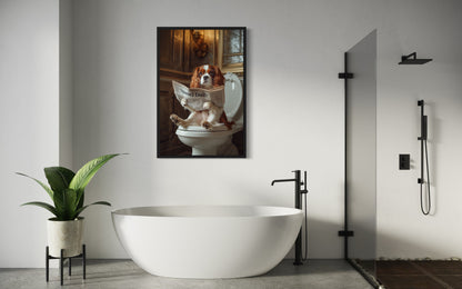 Cavalier King Charles Spaniel On The Toilet Reading Newspaper Picture Canvas Wall Art
