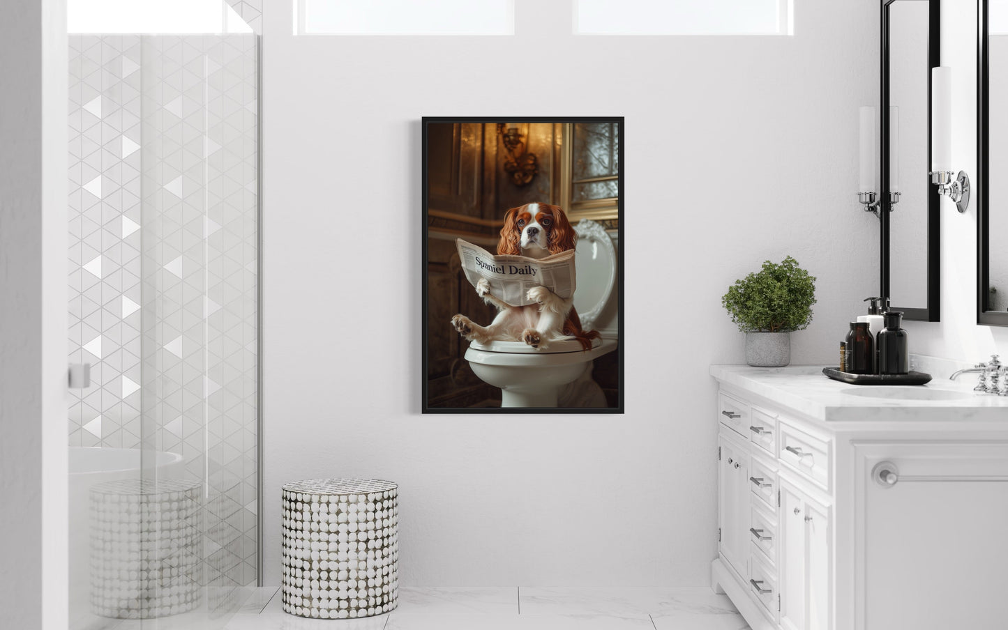 Cavalier King Charles Spaniel On The Toilet Reading Newspaper Picture Canvas Wall Art