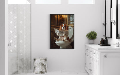 Cavalier King Charles Spaniel On The Toilet Reading Newspaper Picture Canvas Wall Art
