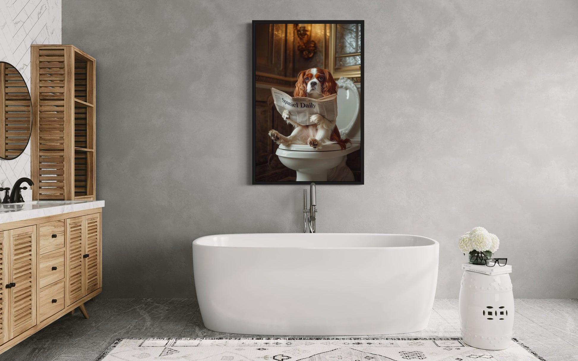 Cavalier King Charles Spaniel On The Toilet Reading Newspaper Picture Canvas Wall Art