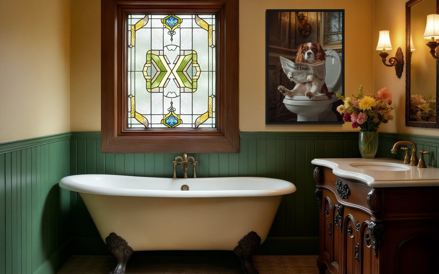 Cavalier King Charles Spaniel On The Toilet Reading Newspaper Picture Canvas Wall Art