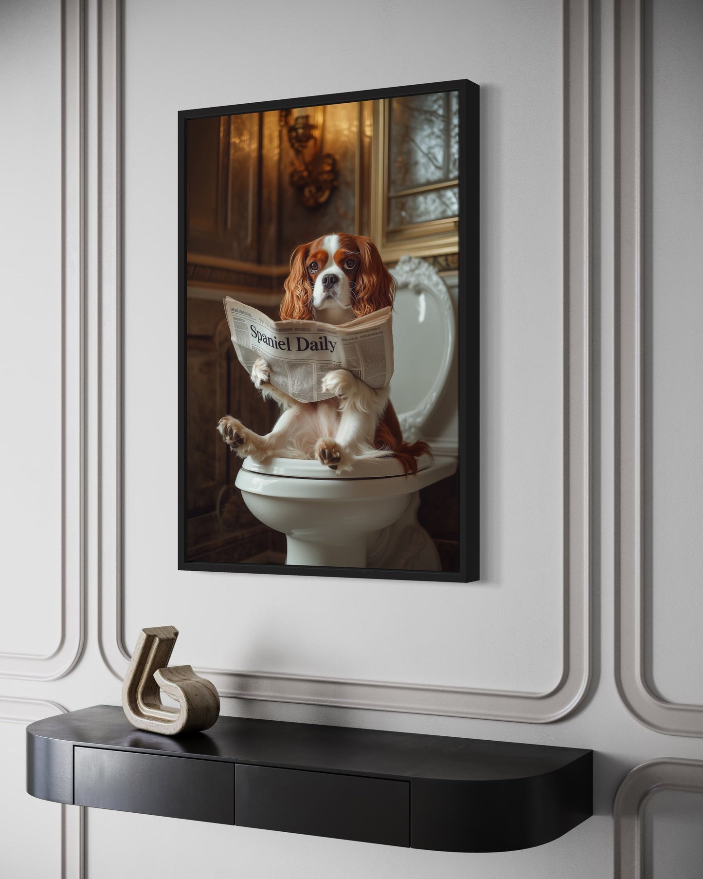 Cavalier King Charles Spaniel On The Toilet Reading Newspaper Picture Canvas Wall Art