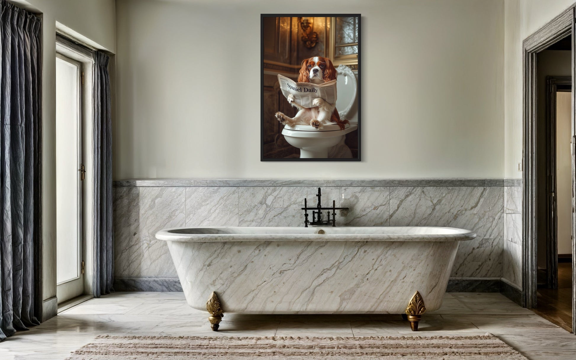 Cavalier King Charles Spaniel On The Toilet Reading Newspaper Picture Canvas Wall Art