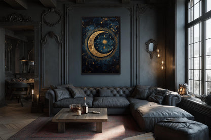 Celestial Moon and Stars Gothic Canvas Wall Art