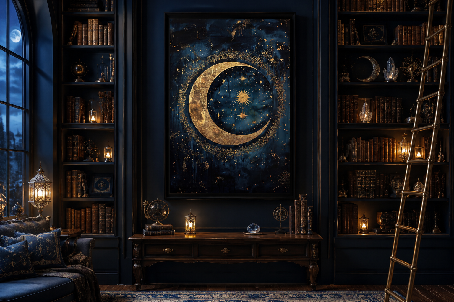 Celestial Moon and Stars Gothic Canvas Wall Art