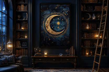 Celestial Moon and Stars Gothic Canvas Wall Art