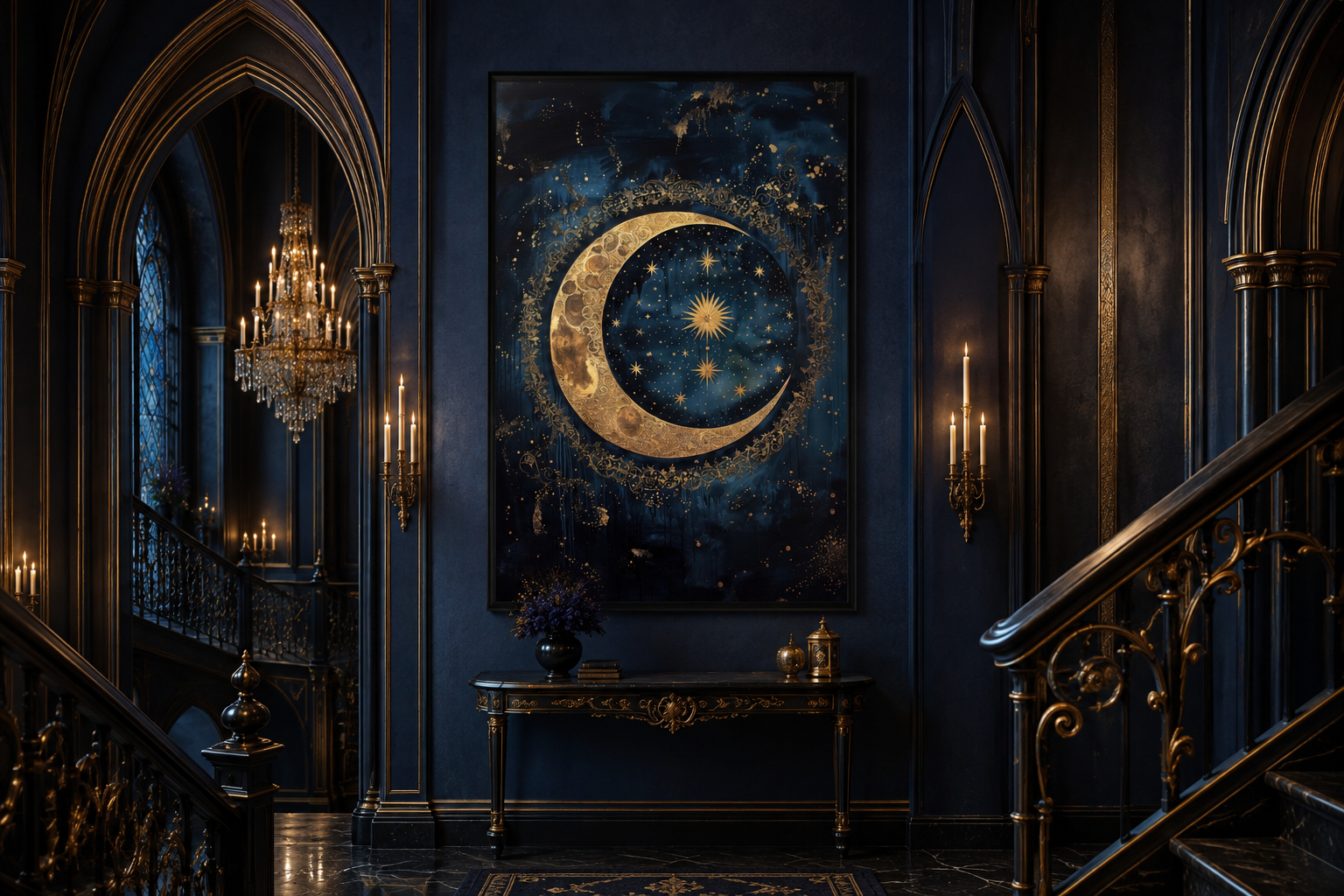 Celestial Moon and Stars Gothic Canvas Wall Art