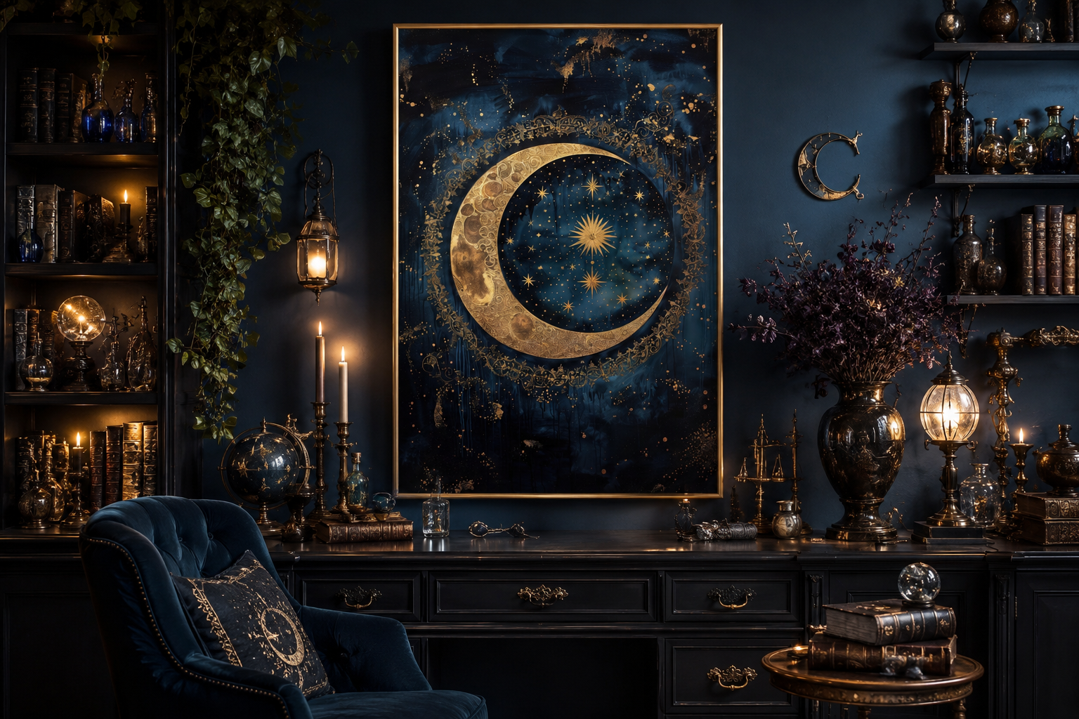 Celestial Moon and Stars Gothic Canvas Wall Art