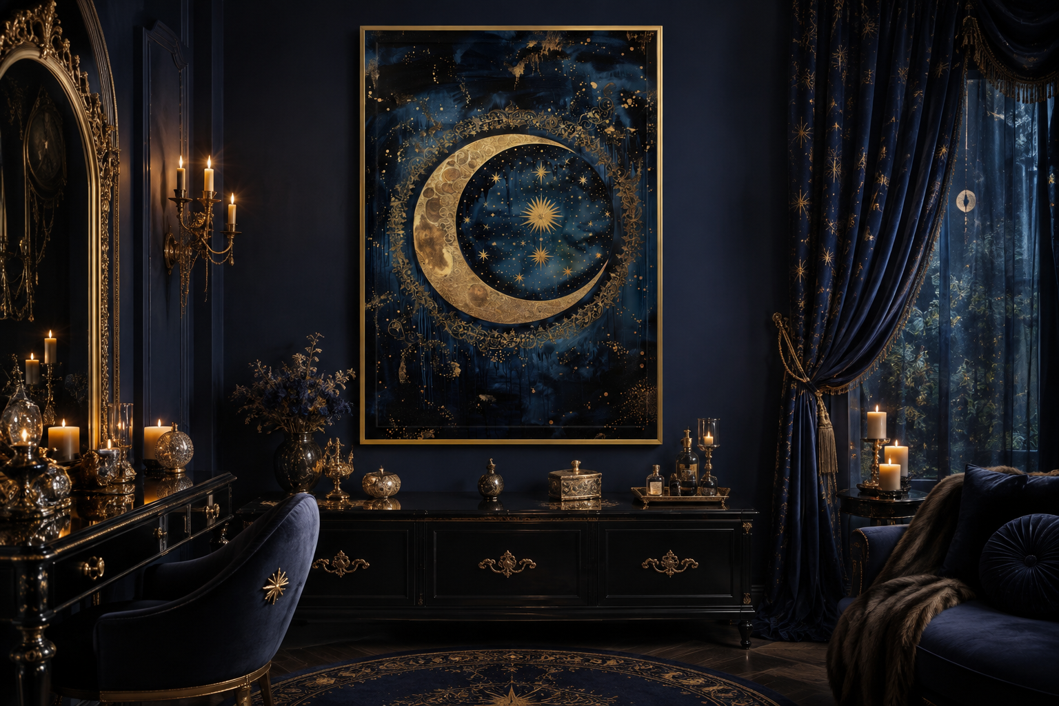 Celestial Moon and Stars Gothic Canvas Wall Art