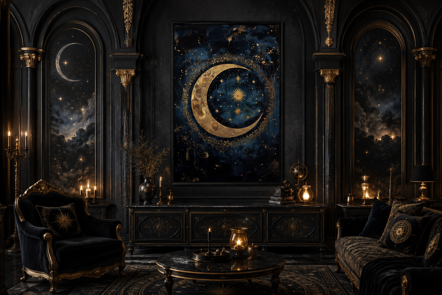 Celestial Moon and Stars Gothic Canvas Wall Art