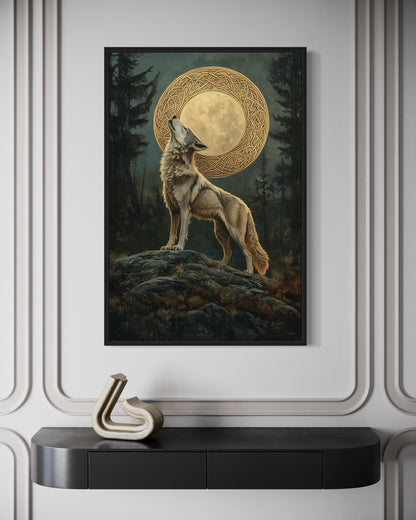 Celtic Wolf And Moon Antique Framed Canvas Wall Art