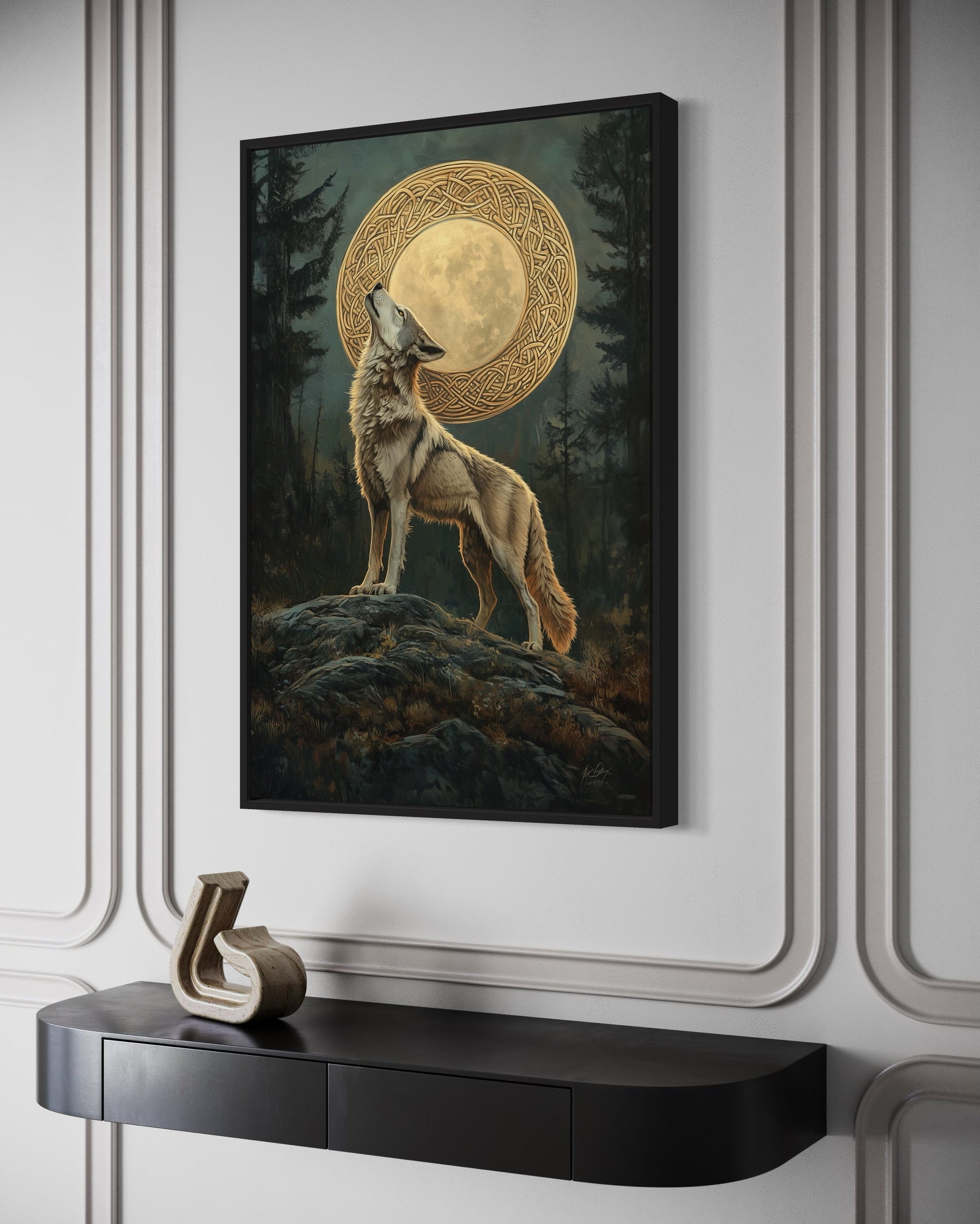 Celtic Wolf And Moon Antique Framed Canvas Wall Art