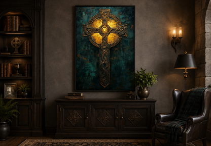 Antique Green Gold Celtic Cross Framed Canvas Wall Art